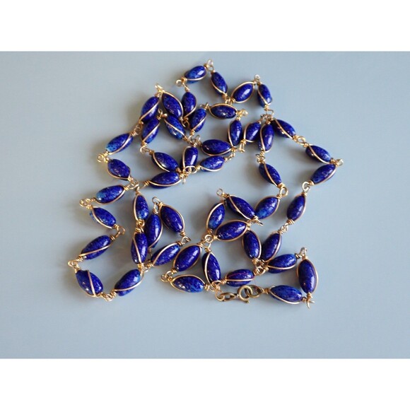 Lapis Lazuli Bead Copper Wire Wrapped Chain Link Long Single Strand Necklace 48" - Picture 12 of 14